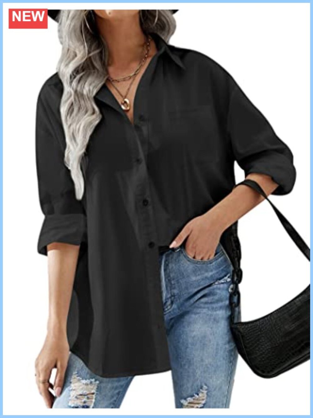 Oversized Button Down Long Sleeve Blouse with Pocket